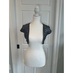 Express Women's Silver and Grey Sequin Cropped Bolero Size Small
